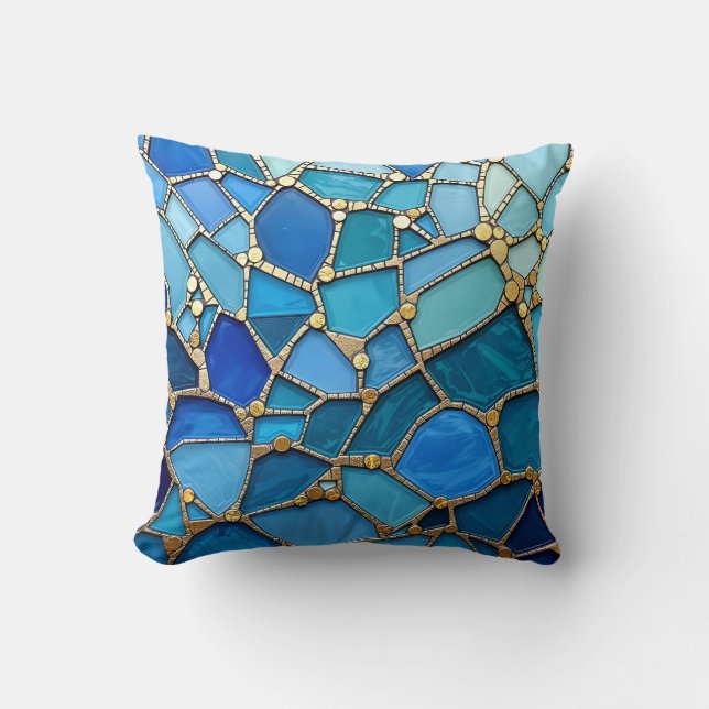 Sea of Waves Blue and Gold Mosaic Fine Art Kussen (Voorkant)