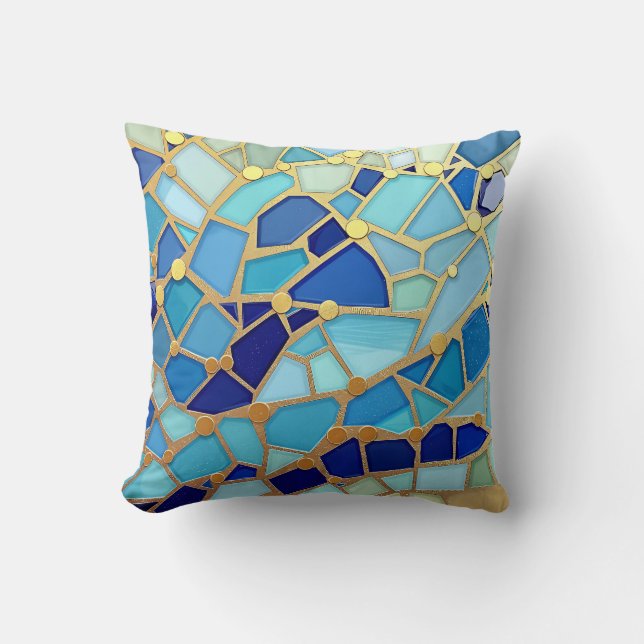 Sea of Waves Blue and Gold Mosaic Fine Art Kussen (Voorkant)