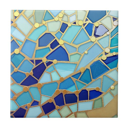 Sea of Waves Blue and Gold Mosaic Fine Art Tegeltje (Voorkant)