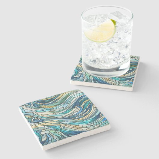 Sea of Waves Teal Mosaic Fine Art Stenen Onderzetter (Zijkant)