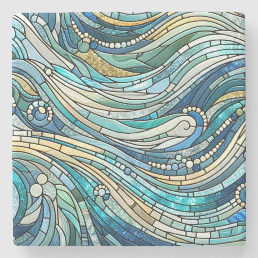 Sea of Waves Teal Mosaic Fine Art Stenen Onderzetter (Voorkant)