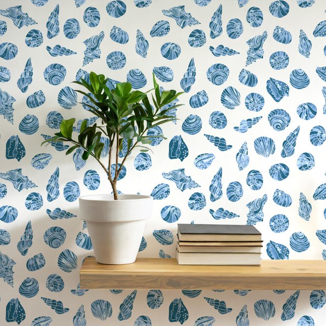 Sea Shell Nautical Coastal Blue and White Behang (Sea shell watercolor pattern coastal nautical aesthetic wallpaper)