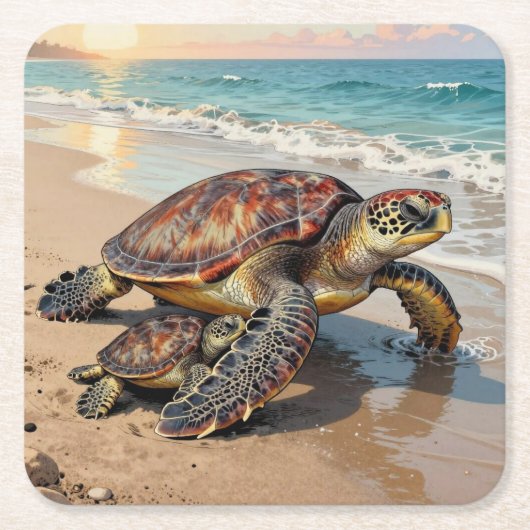 Sea Turtle and Baby Illustration  Kartonnen Onderzetters (Voorkant)