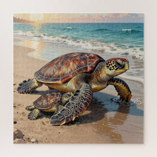Sea Turtle and Baby on Beach Illustration Legpuzzel (Verticaal)