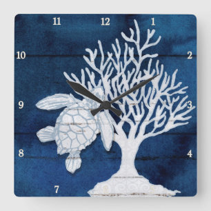 Sea Turtle Beach House Coral Vintage Blue White Vierkante Klok