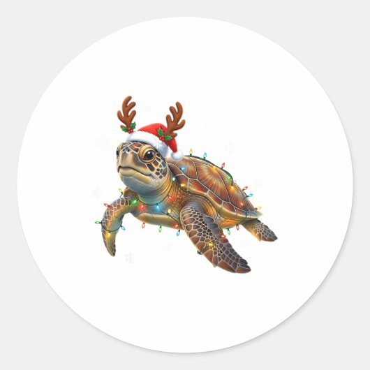 Sea Turtle Christmas Lights Funny Santa Hat Men Wo Ronde Sticker (Voorkant)