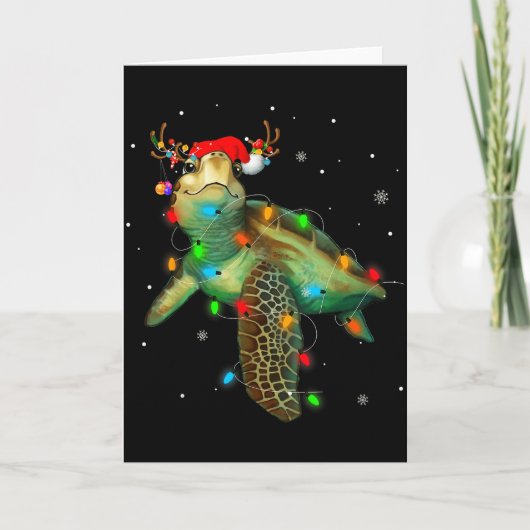 Sea Turtle Christmas Lights Funny Santa Hat Merry Kaart (Voorkant)