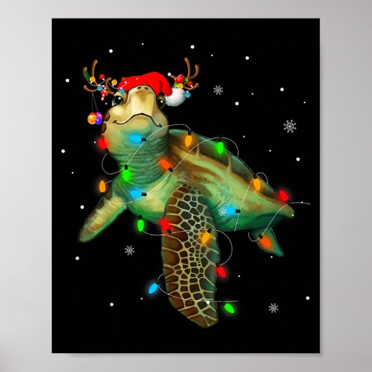 Sea Turtle Christmas Lights Funny Santa Hat Merry  Poster (Voorkant)