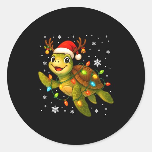 Sea Turtle Christmas Lights Funny Santa Hat Merry Ronde Sticker (Voorkant)