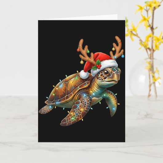 Sea Turtle Christmas Lights Santa Hat Merry Christ Kaart (Gele Bloem)