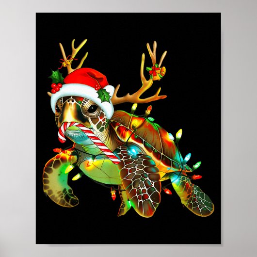 Sea Turtle Christmas Lights Santa Hat Merry Christ Poster (Voorkant)