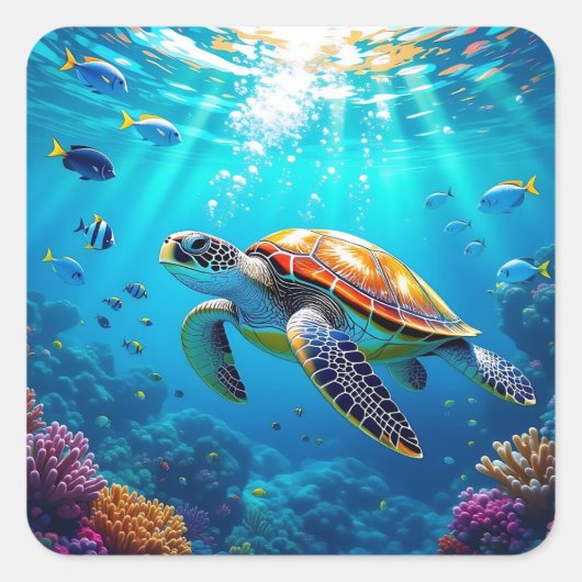 Sea Turtle Colorful Underwater Scene Vierkante Sticker (Voorkant)