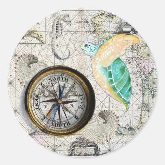 Sea Turtle Compass Vintage Ronde Sticker (Voorkant)