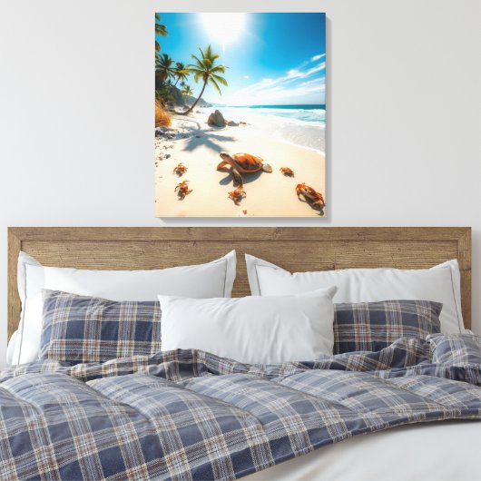 Sea Turtle & Crabs on Tropical Beach – Serene Ocea Canvas Afdruk (Insitu (Slaapkamer))