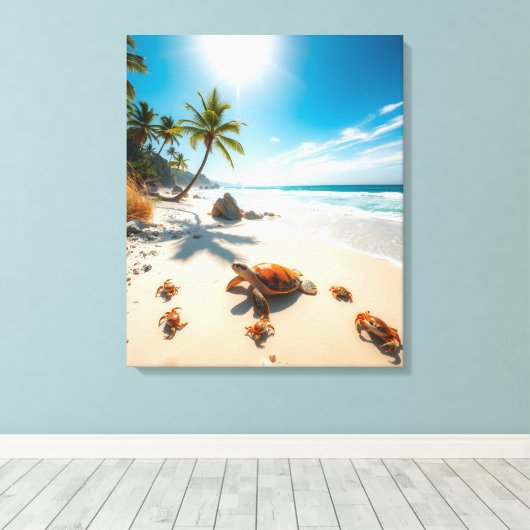 Sea Turtle & Crabs on Tropical Beach – Serene Ocea Canvas Afdruk (Insitu (Houten vloer))