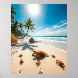 Sea Turtle & Crabs on Tropical Beach – Serene Ocea Poster