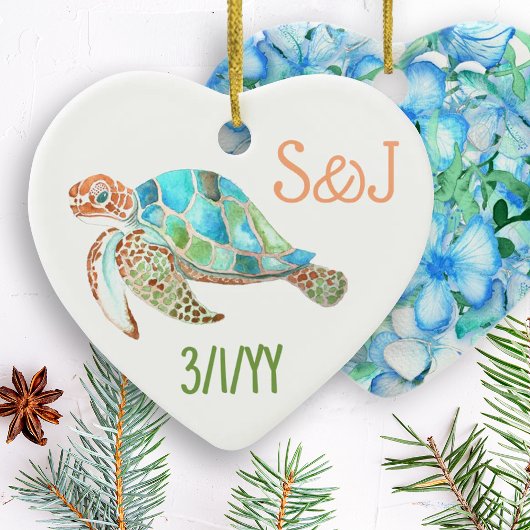 Sea Turtle Heart, Monogram Christmas Keramisch Ornament