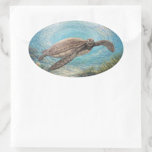 Sea Turtle in Ocean Vortex Ovale Sticker (Tas)