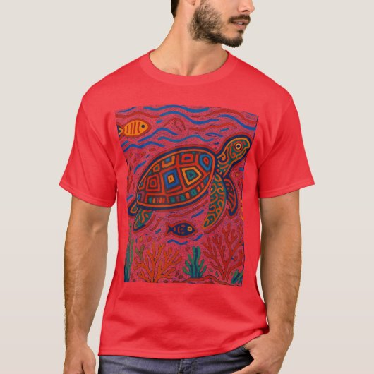 Sea Turtle Inspired by Mola Artwork of Panama Kuna T-shirt (Voorkant)