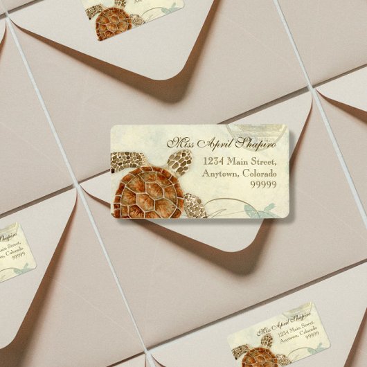 Sea Turtle Modern Coastal Ocean Beach Swirls Style Etiket