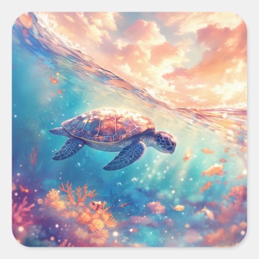Sea Turtle Swimming in Tropical Ocean Vierkante Sticker (Voorkant)