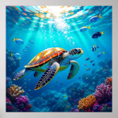 Sea Turtle Vibrant Colorful Underwater Scene Poster (Voorkant)
