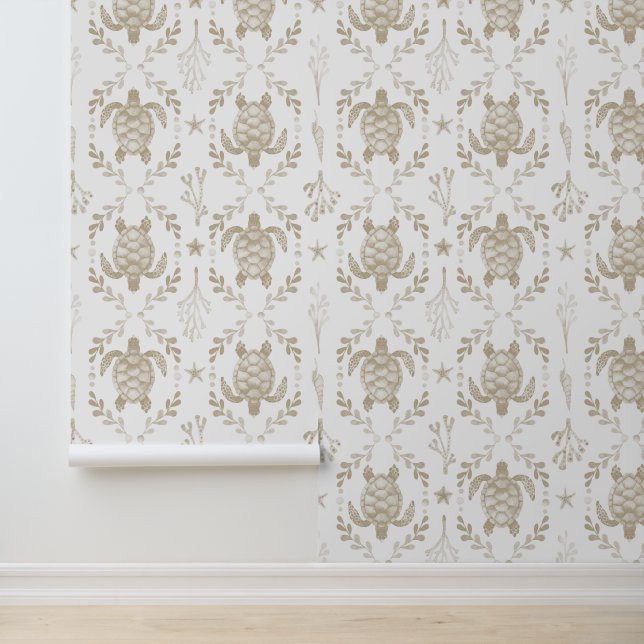 Sea Turtles and Starfish Coastal Beige Watercolor  Behang (Applicatie)