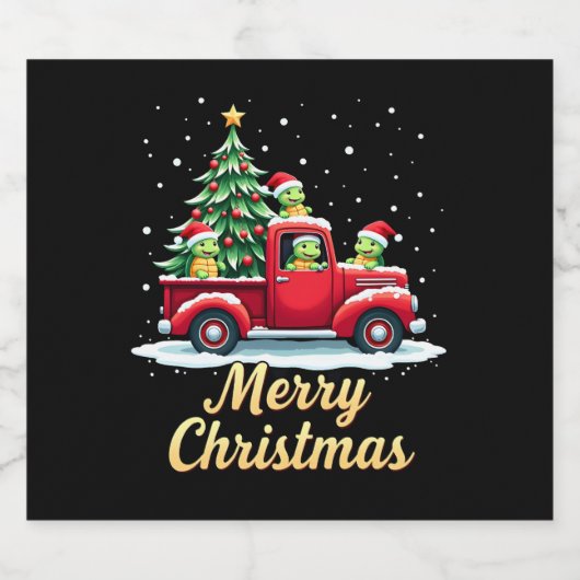Sea Turtles Driving Christmas Tree Truck Turtle Ch Sparkling Wijnetiket (Enkel label)