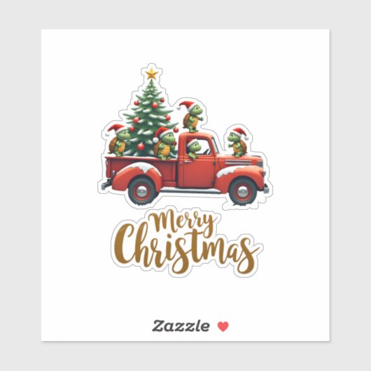 Sea Turtles Driving Christmas Tree Truck Turtle Ch Sticker (Vel)