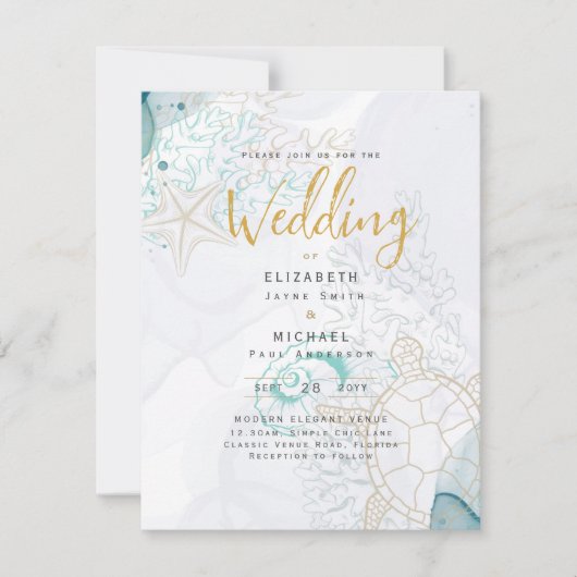 Sea Turtles Ocean Life Beach Teal Wedding Kaart (Voorkant)