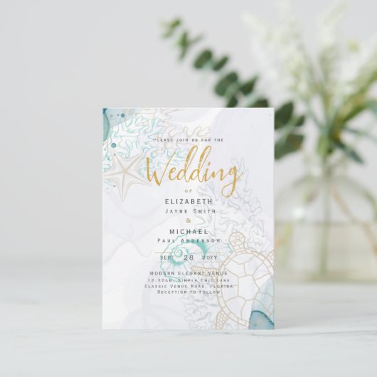 Sea Turtles Ocean Life Beach Teal Wedding Kaart (Staand voorkant)