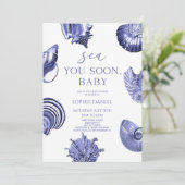 Sea You Soon, Baby Blue Seashells Baby Shower Kaart (Staand voorkant)
