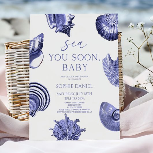 Sea You Soon, Baby Blue Seashells Baby Shower Kaart