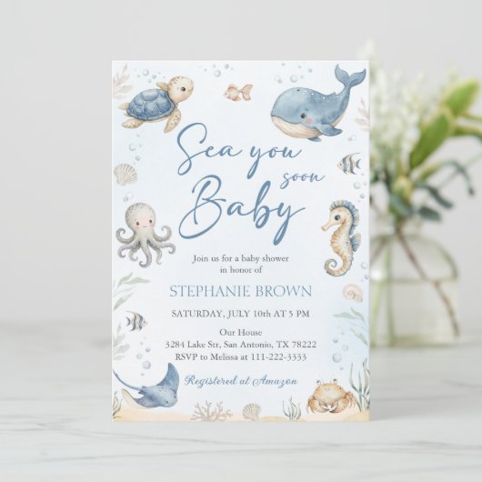 Sea You Soon Baby Shower Invitation Kaart (Staand voorkant)