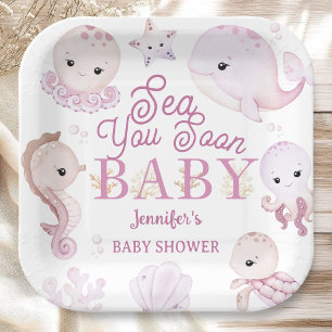 Sea You Soon Baby Shower Meisje Roze Oceaan Papieren Bordje