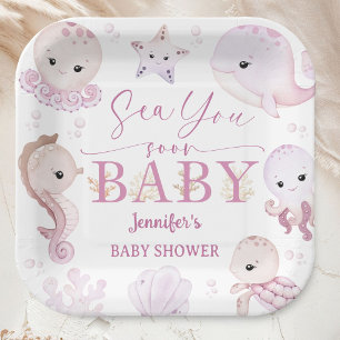 Sea You Soon Baby Shower Roze Oceaan Papier Papieren Bordje