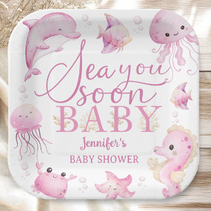Sea You Soon Baby Shower Roze Oceaan Papier Papieren Bordje