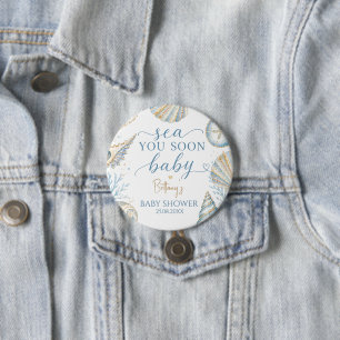 Sea You Soon Blauwe Schelpen Baby Shower Ronde Button 7,6 Cm