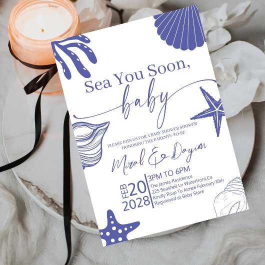 Sea You Soon Blue Scallop Shell Boy Baby Shower  Kaart