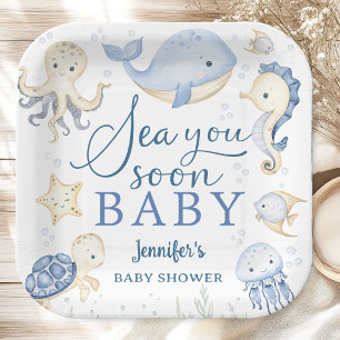 Sea You Soon Boy Baby Shower Blauwe Oceaan Papieren Bordje