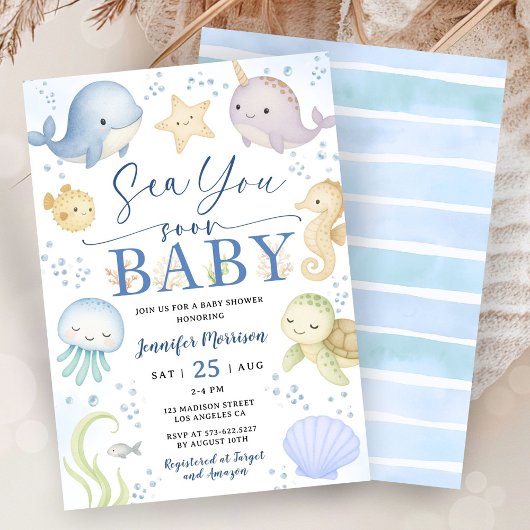 Sea You Soon Boy Baby Shower Cute Ocean Invitation Kaart