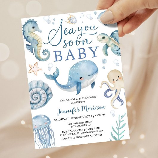 Sea You Soon Boy Baby Shower Invitation  Kaart