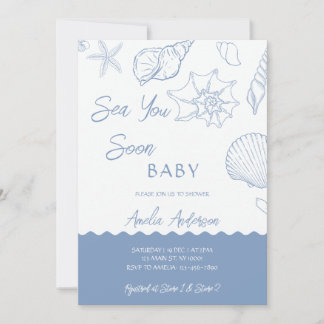 Sea You Soon Coastal Shells Blue Baby Shower Kaart