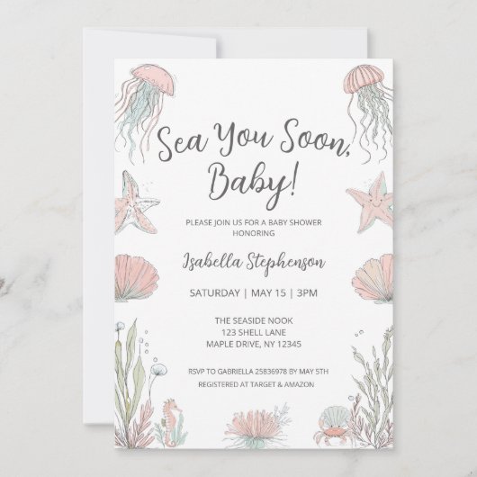 Sea You Soon Cute Coastal Hand Drawn Baby Shower Kaart (Voorkant)