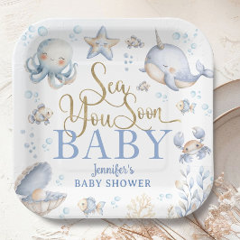 Sea You Soon Ocean Baby Shower Boy Blue  Papieren Bordje