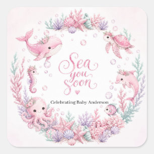 Sea You Soon Roze Onder de Zee Baby Shower Persoon Vierkante Sticker