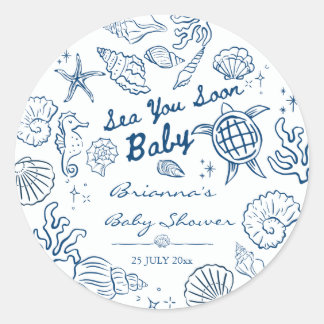 Sea you soon seashells beach boy baby shower ronde sticker