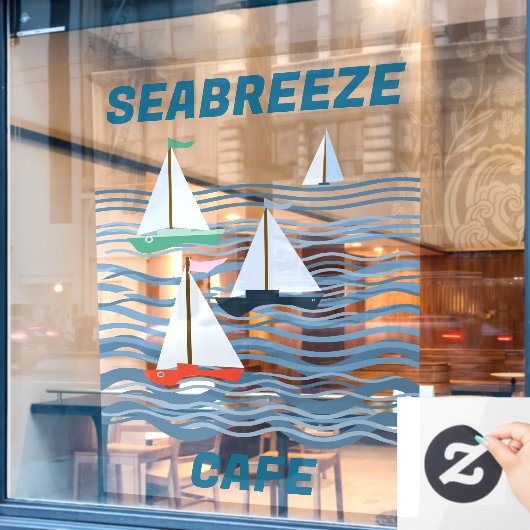 Seabreeze Cafe zeilboten en golven Raamsticker (Cafe Raam)