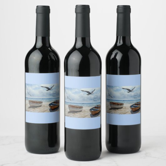 "Seabreeze Serenade". Kleurrijke serene boot scène Wijn Etiket (Flessen)