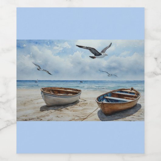 "Seabreeze Serenade". Kleurrijke serene boot scène Wijn Etiket (Enkel label)